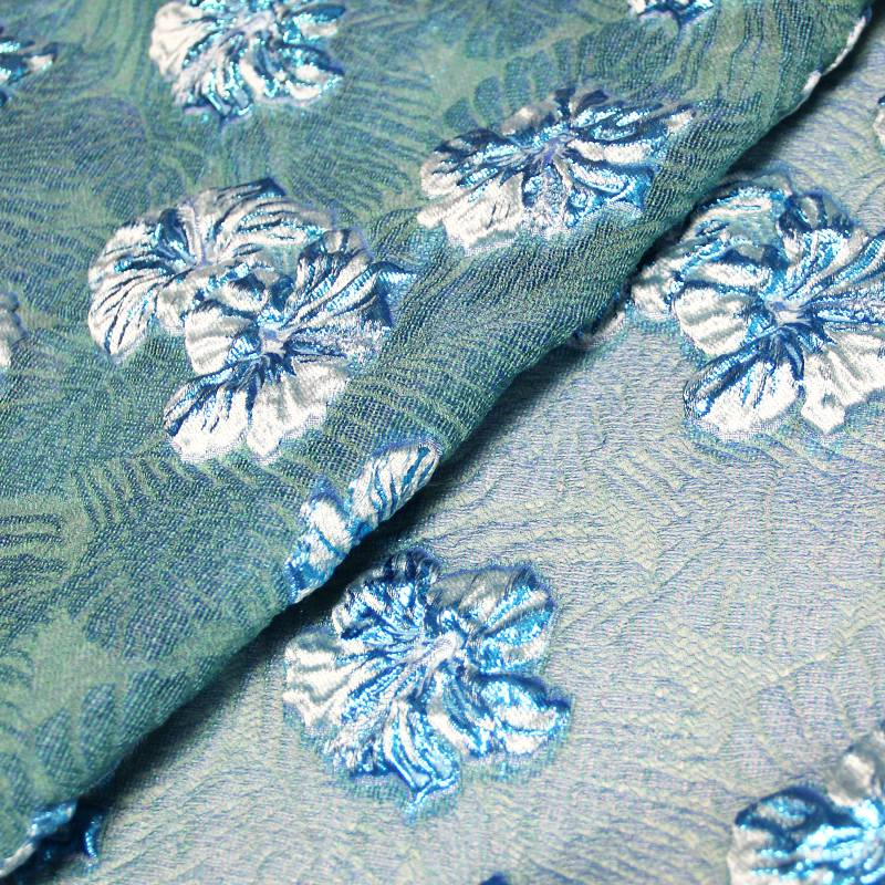 Tissu brocard - Hibiscus gris centaure & bleu électrique fond canard