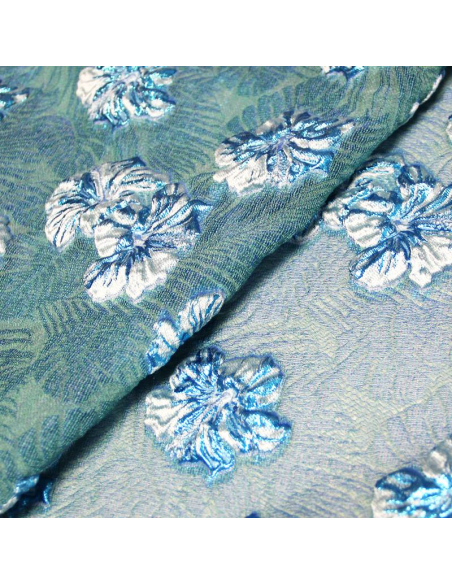 Tissu brocard - Hibiscus gris centaure & bleu électrique fond canard