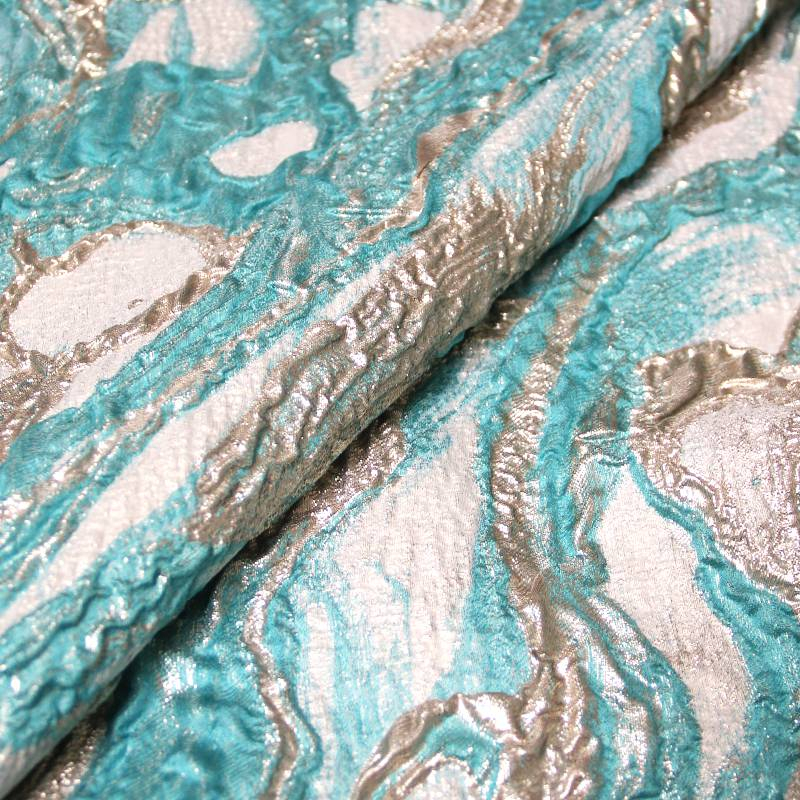 Tissu brocard - Marbrure argenté & turquoise fond gris