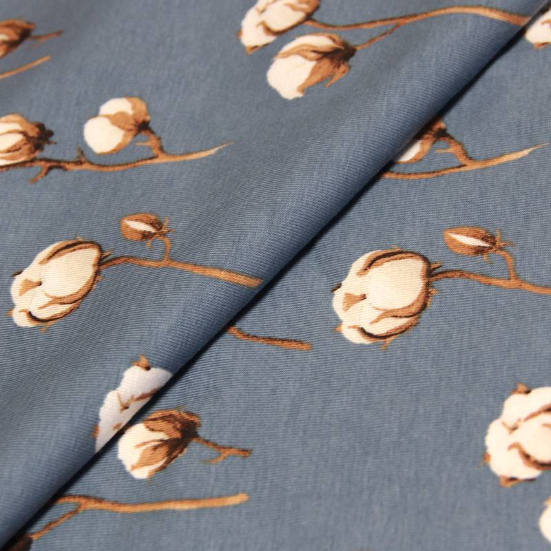 Jersey coton & élasthanne - Fleur de coton fond bleu gris