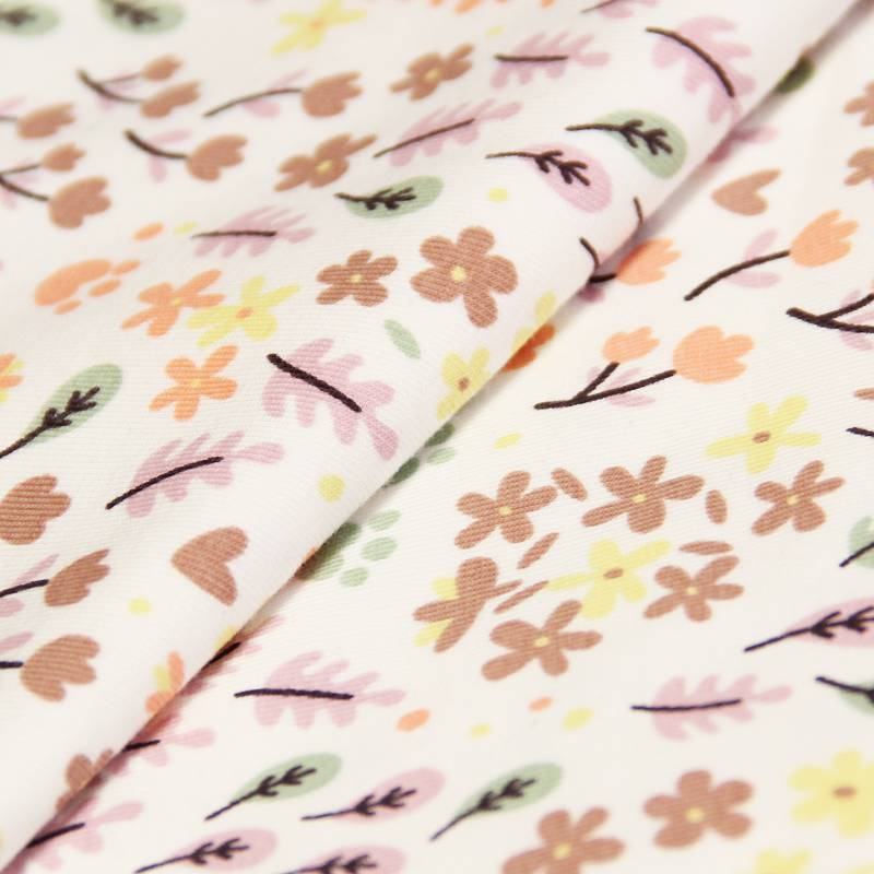 Jersey coton & élasthanne - Feuille & fleur multicolore fond blanc