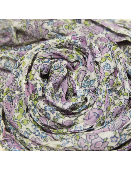 Étole imprimée 100% coton - Fleur violet & bleu fond blanc