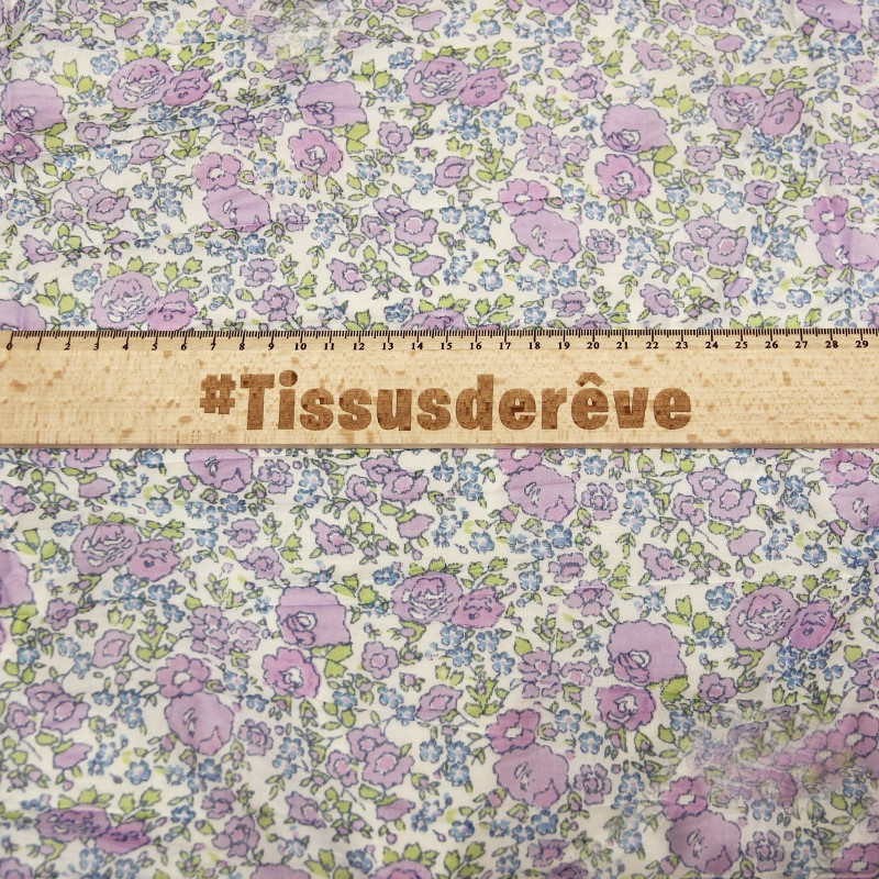 Étole imprimée 100% coton - Fleur violet & bleu fond blanc