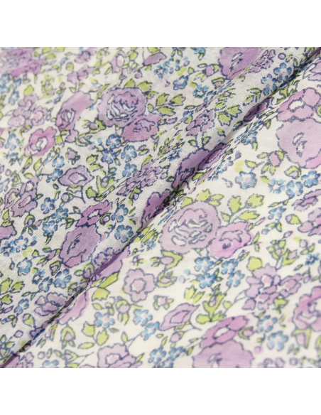 Étole imprimée 100% coton - Fleur violet & bleu fond blanc