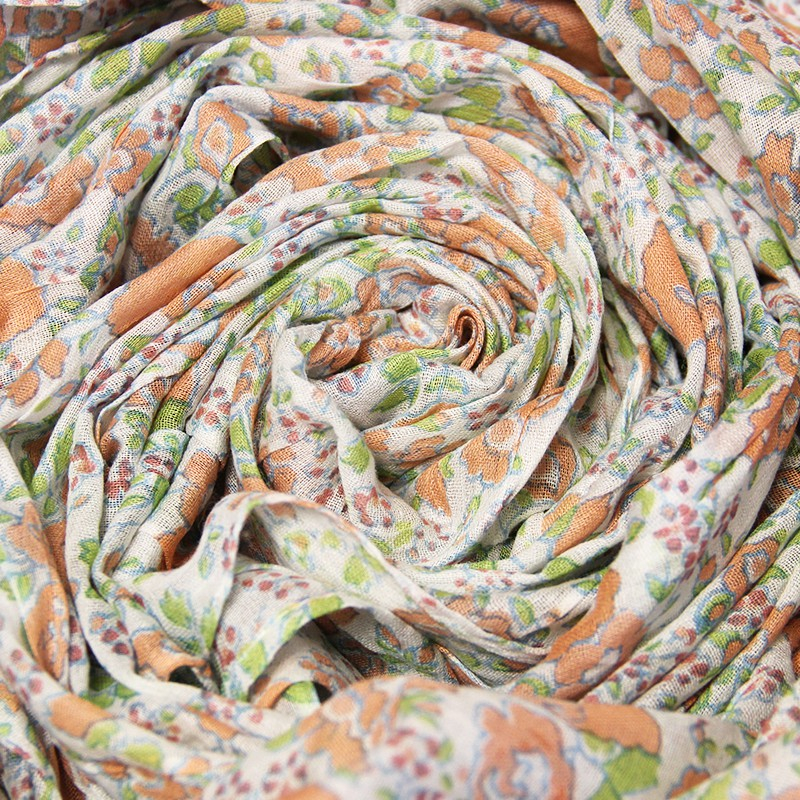 Étole imprimée 100% coton - Fleur orange & vert fond blanc