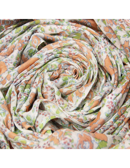 Étole imprimée 100% coton - Fleur orange & vert fond blanc