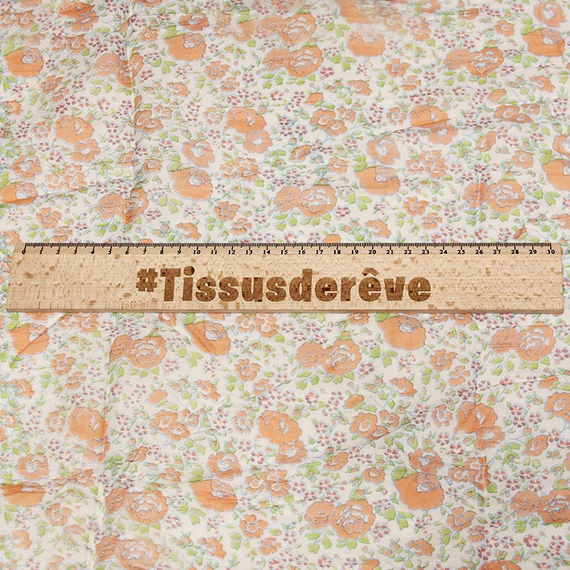 Étole imprimée 100% coton - Fleur orange & vert fond blanc