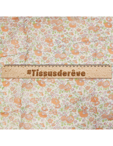 Étole imprimée 100% coton - Fleur orange & vert fond blanc