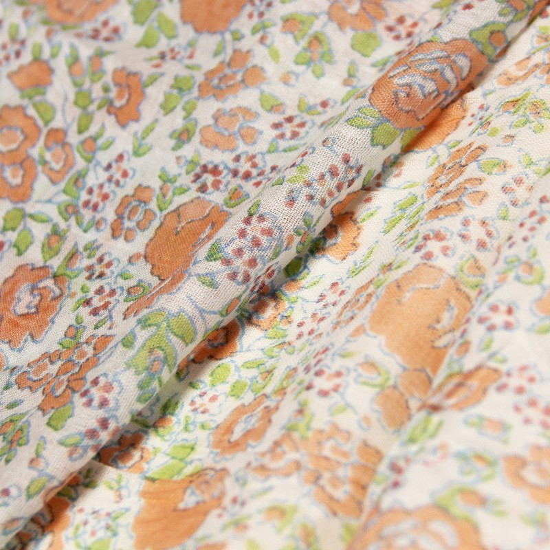 Étole imprimée 100% coton - Fleur orange & vert fond blanc