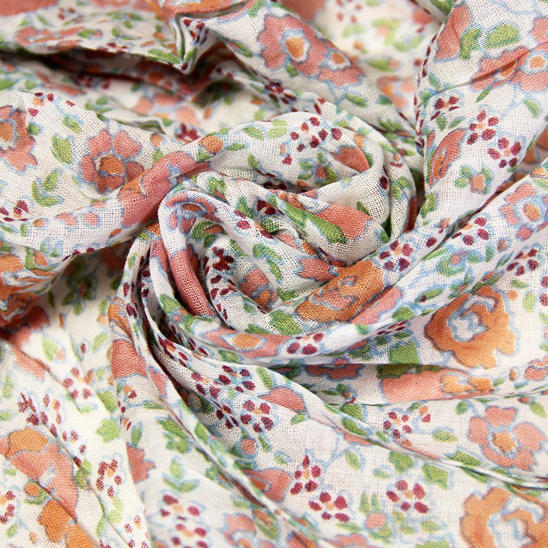 Étole imprimée 100% coton - Fleur orange & rouge fond blanc