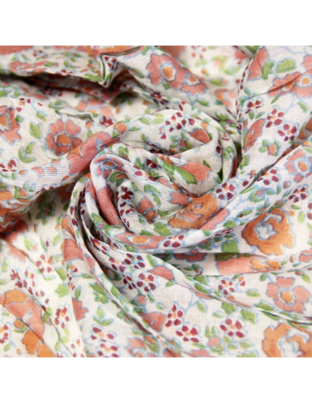 Étole imprimée 100% coton - Fleur orange & rouge fond blanc