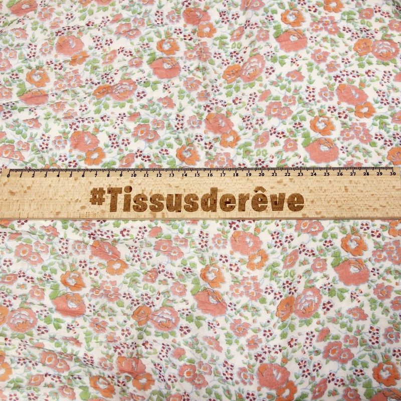 Étole imprimée 100% coton - Fleur orange & rouge fond blanc