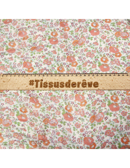 Étole imprimée 100% coton - Fleur orange & rouge fond blanc