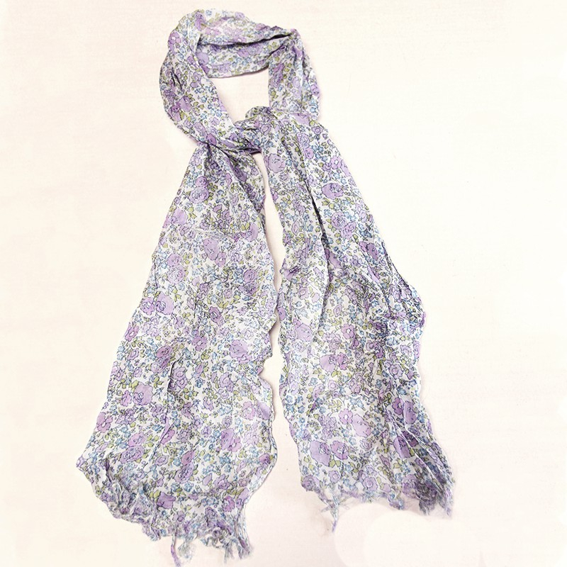 Étole imprimée 100% coton - Fleur violet & bleu fond blanc