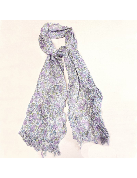 Étole imprimée 100% coton - Fleur violet & bleu fond blanc