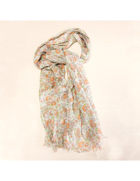 Étole imprimée 100% coton - Fleur orange & vert fond blanc