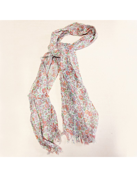 Étole imprimée 100% coton - Fleur orange & rouge fond blanc