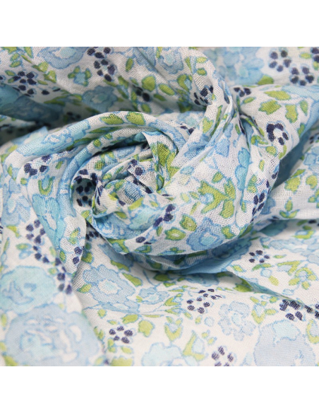 Étole imprimée 100% coton - Fleur bleu ciel & marine fond blanc