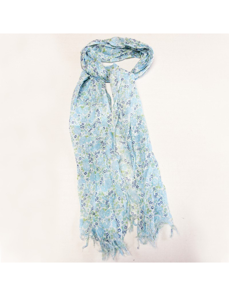 Étole imprimée 100% coton - Fleur bleu ciel & marine fond blanc