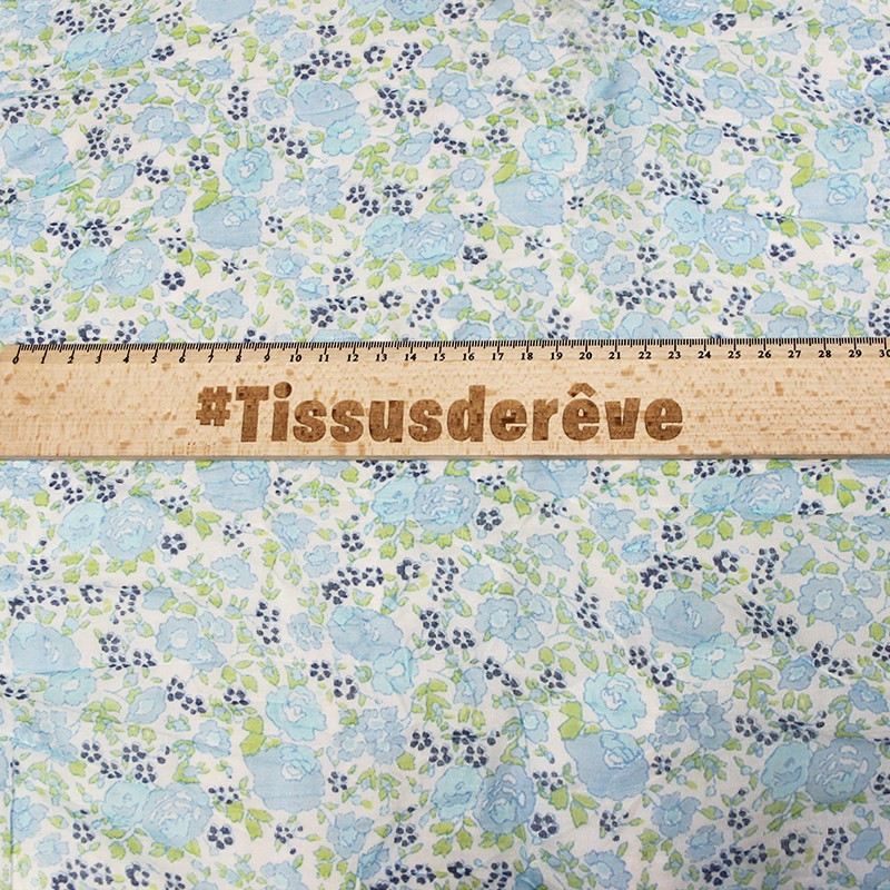 Étole imprimée 100% coton - Fleur bleu ciel & marine fond blanc