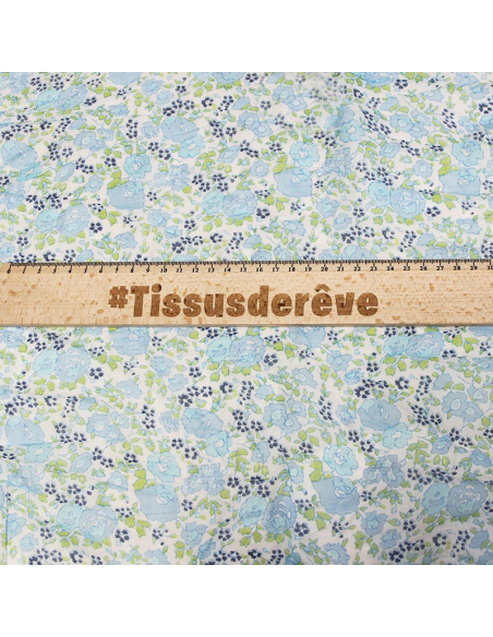 Étole imprimée 100% coton - Fleur bleu ciel & marine fond blanc