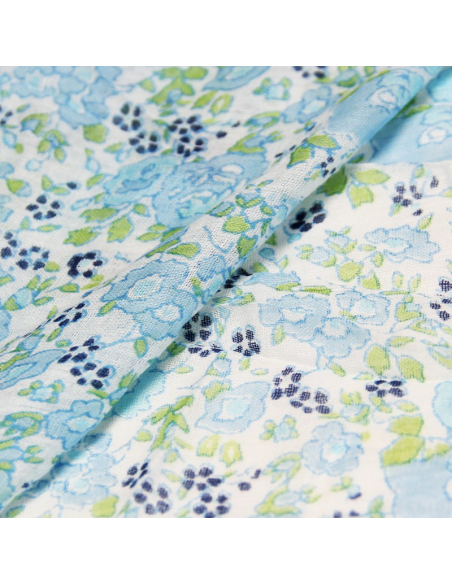 Étole imprimée 100% coton - Fleur bleu ciel & marine fond blanc