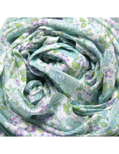 Étole imprimée 100% coton - Turquoise & violet fond blanc