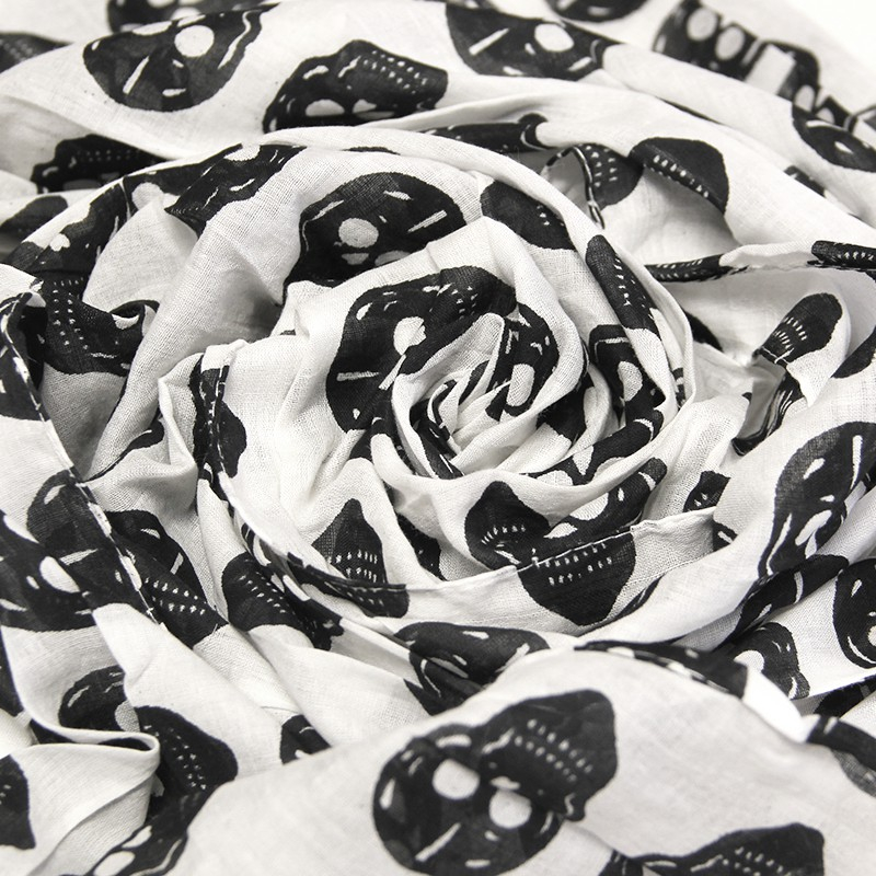 Étole 100% coton -  Tête de mort noir fond blanc