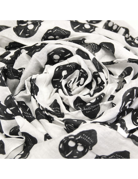 Étole 100% coton -  Tête de mort noir fond blanc