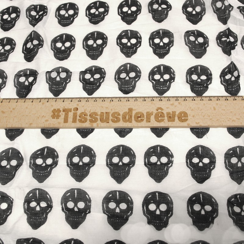 Étole 100% coton -  Tête de mort noir fond blanc
