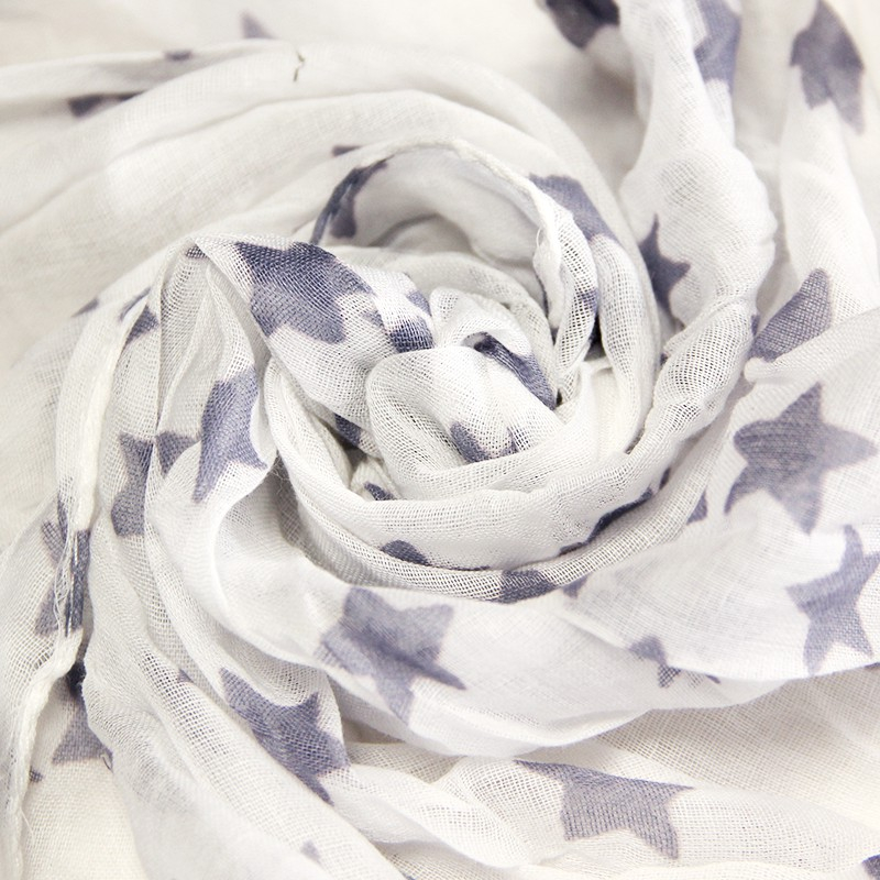 Étole 100% coton -  Étoile gris mauve fond blanc