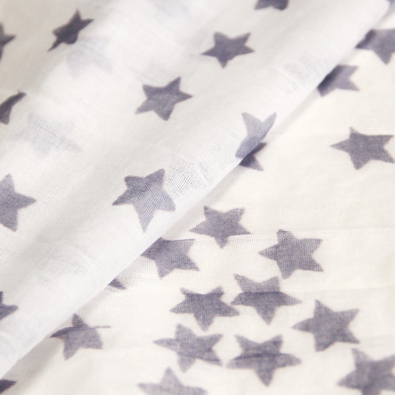 Étole 100% coton -  Étoile gris mauve fond blanc