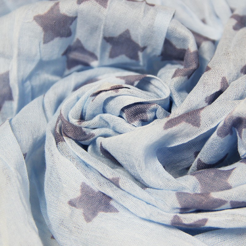 Étole 100% coton - Étoile gris mauve fond bleu ciel
