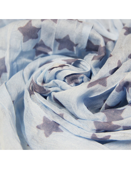 Étole 100% coton - Étoile gris mauve fond bleu ciel