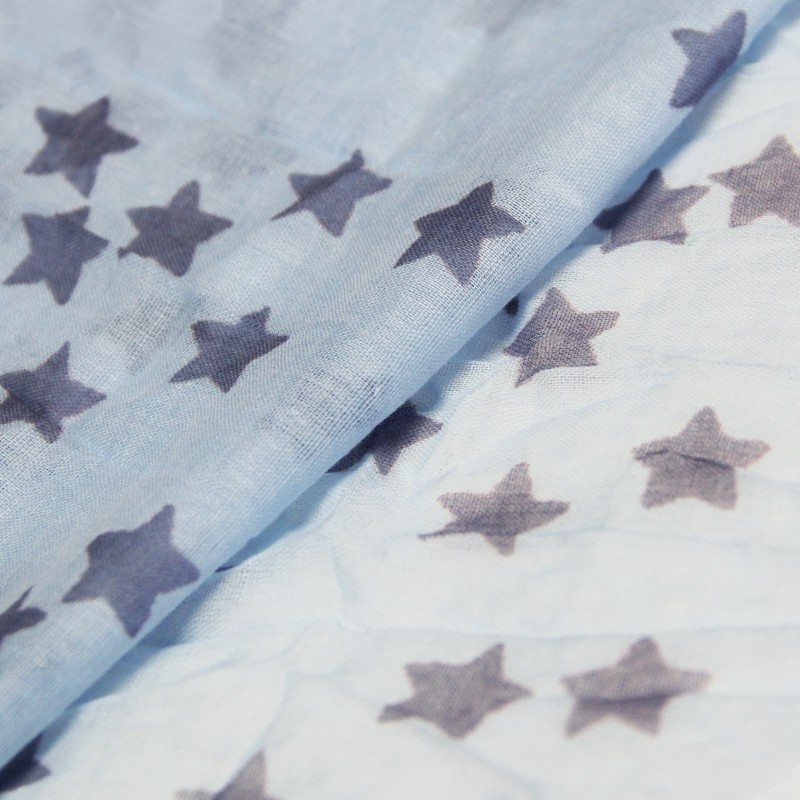 Étole 100% coton - Étoile gris mauve fond bleu ciel