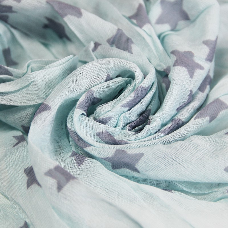 Étole 100% coton - Étoile gris apia fond turquoise