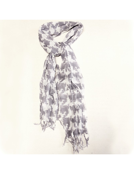 Étole 100% coton - Pied de coq difforme blanc fond gris apia