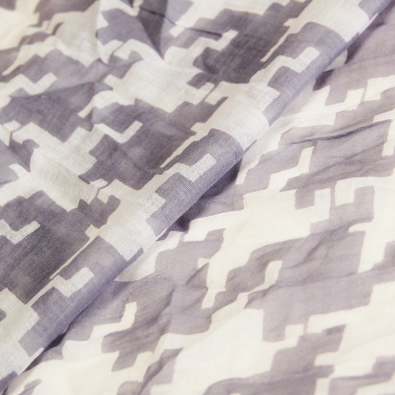 Étole 100% coton - Pied de coq difforme blanc fond gris apia