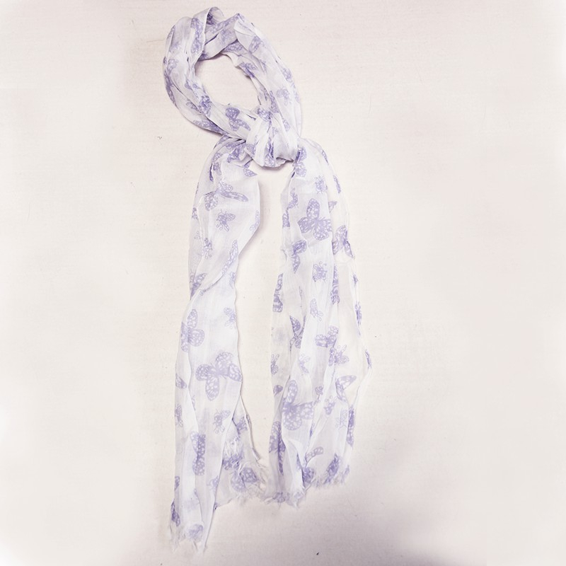 Étole 100% coton - Papillon violet fond blanc