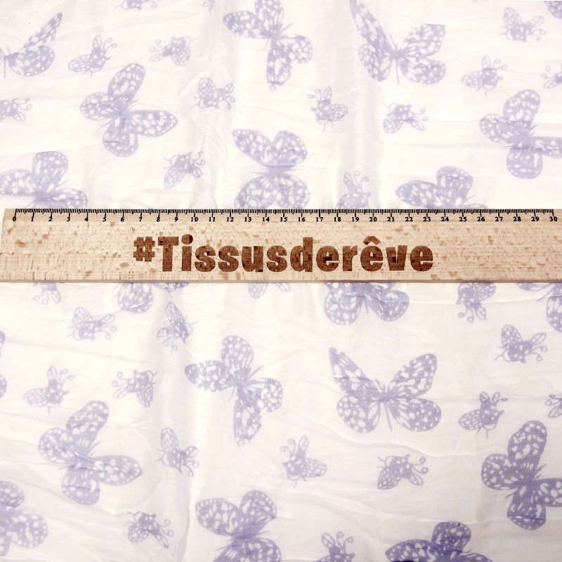 Étole 100% coton - Papillon violet fond blanc