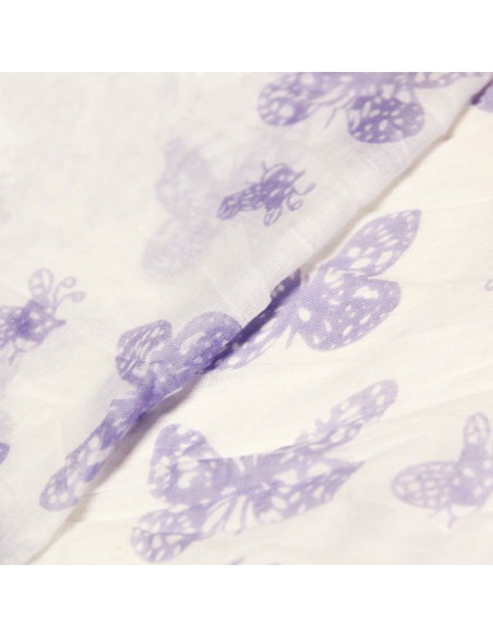Étole 100% coton - Papillon violet fond blanc