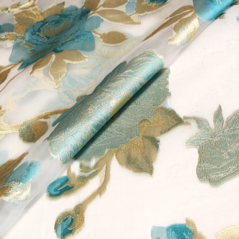 Tissu broché - Rose et pivoine turquoise & doré fond blanc