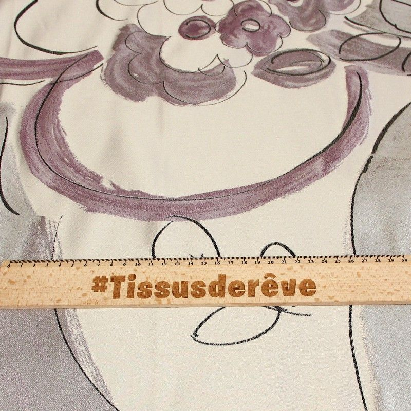 Tissu brocard - Dessin fleur noir & lila fond gris