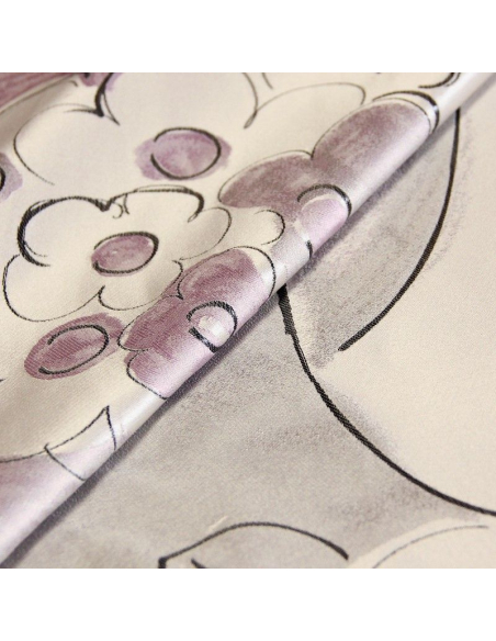 Tissu brocard - Dessin fleur noir & lila fond gris