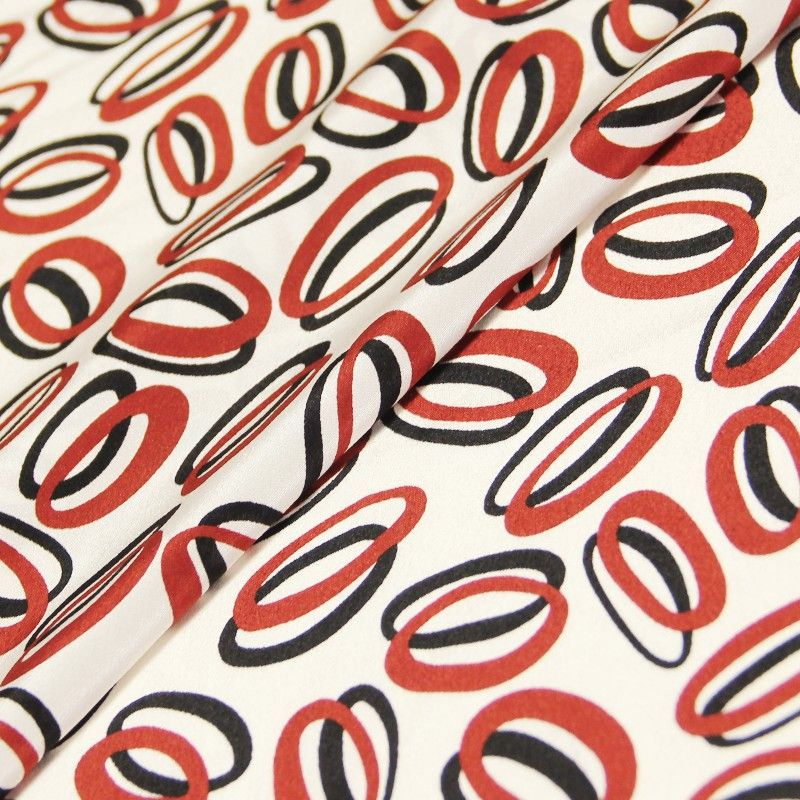 Crêpe de Chine 100% soie - Cercle noir & rouge fond blanc