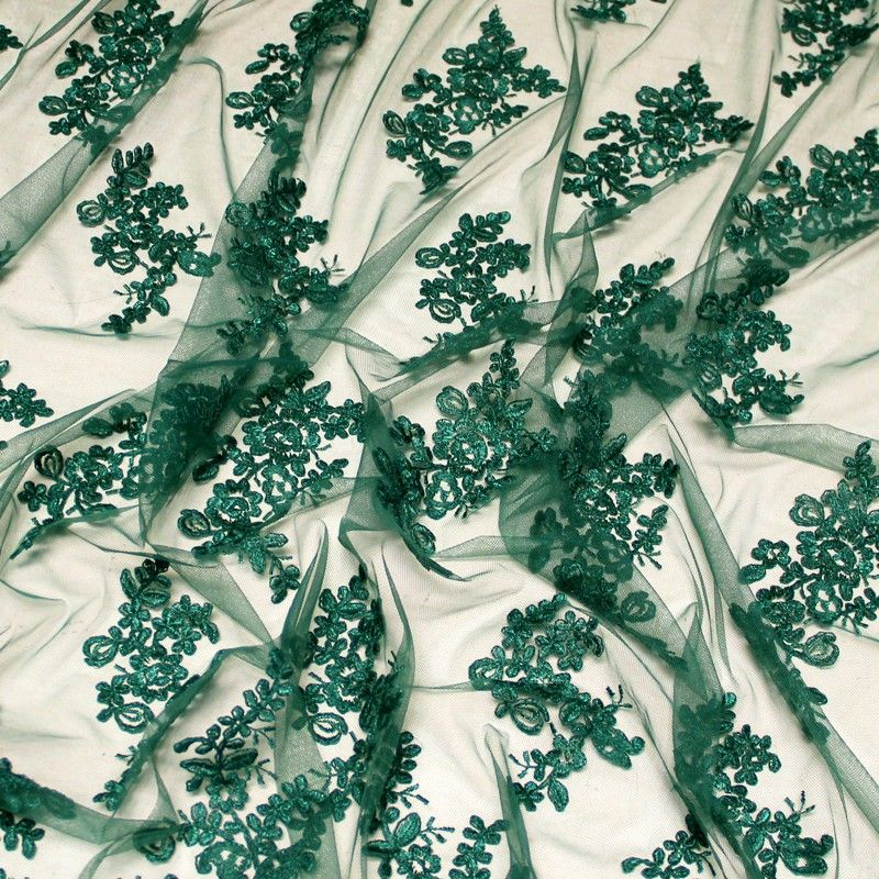 Tulle brodé fleuri - Émeraude