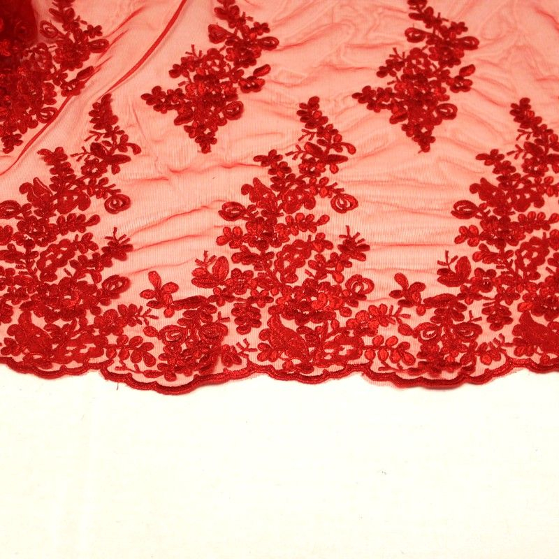 Tulle brodé fleuri - Rouge