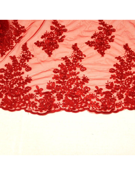 Tulle brodé fleuri - Rouge