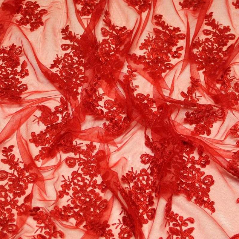 Tulle brodé fleuri - Rouge