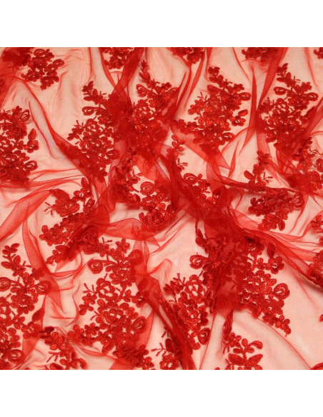 Tulle brodé fleuri - Rouge